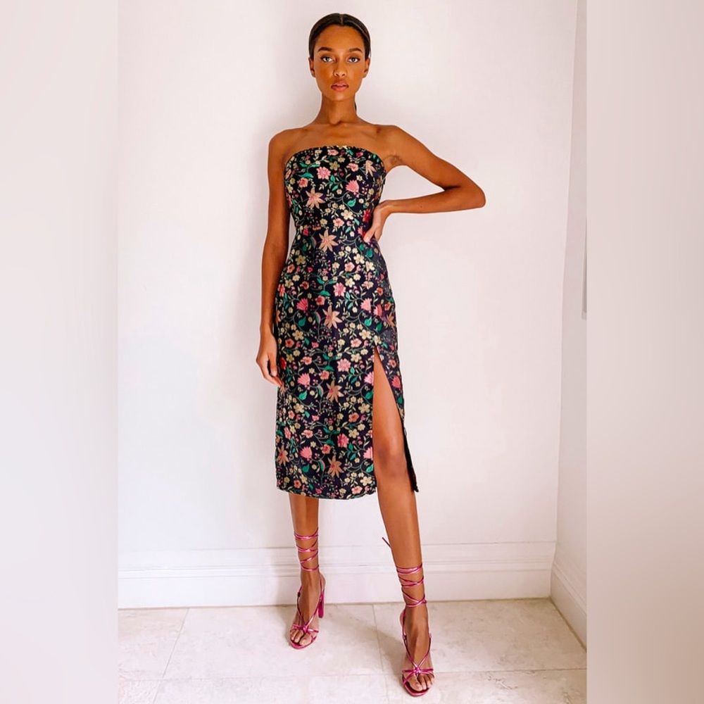 Lulus Make a Move Black Satin Floral Jacquard Strapless Midi Dress